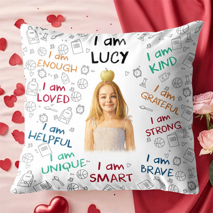 I Am Enough, Loved, Brave, Smart Pillow With Inspirational Icons