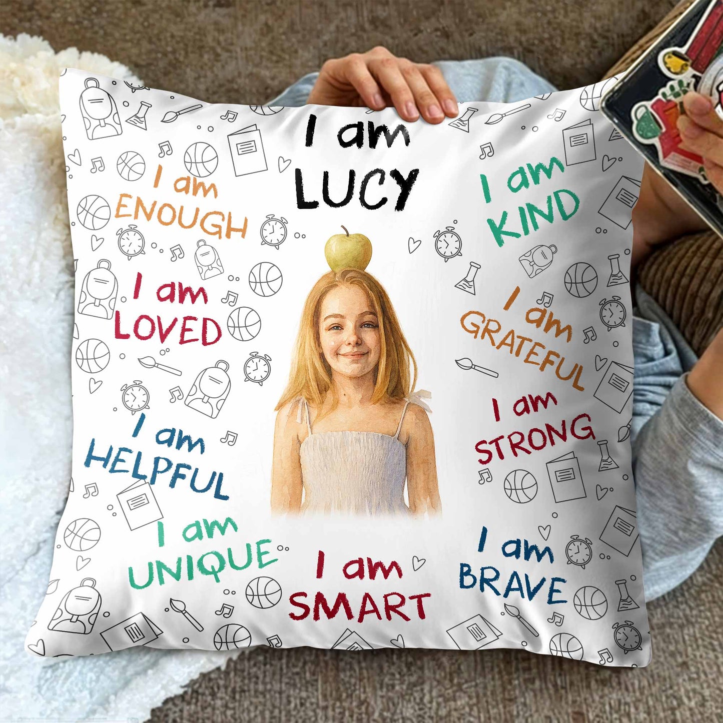 I Am Enough, Loved, Brave, Smart Pillow With Inspirational Icons