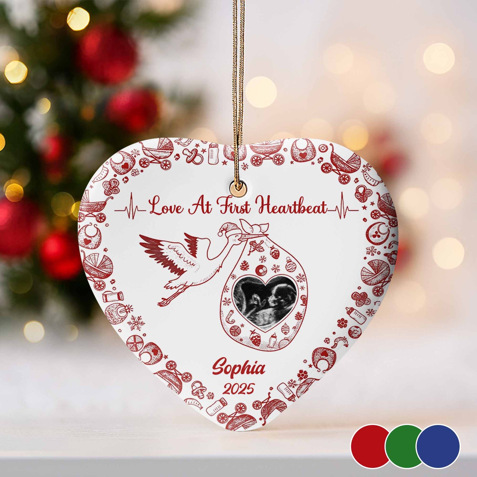 Love At First Heartbeat Stork and Hearts Ornament