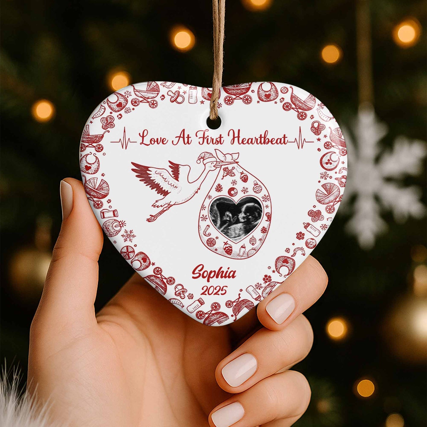 Love At First Heartbeat Stork and Hearts Ornament
