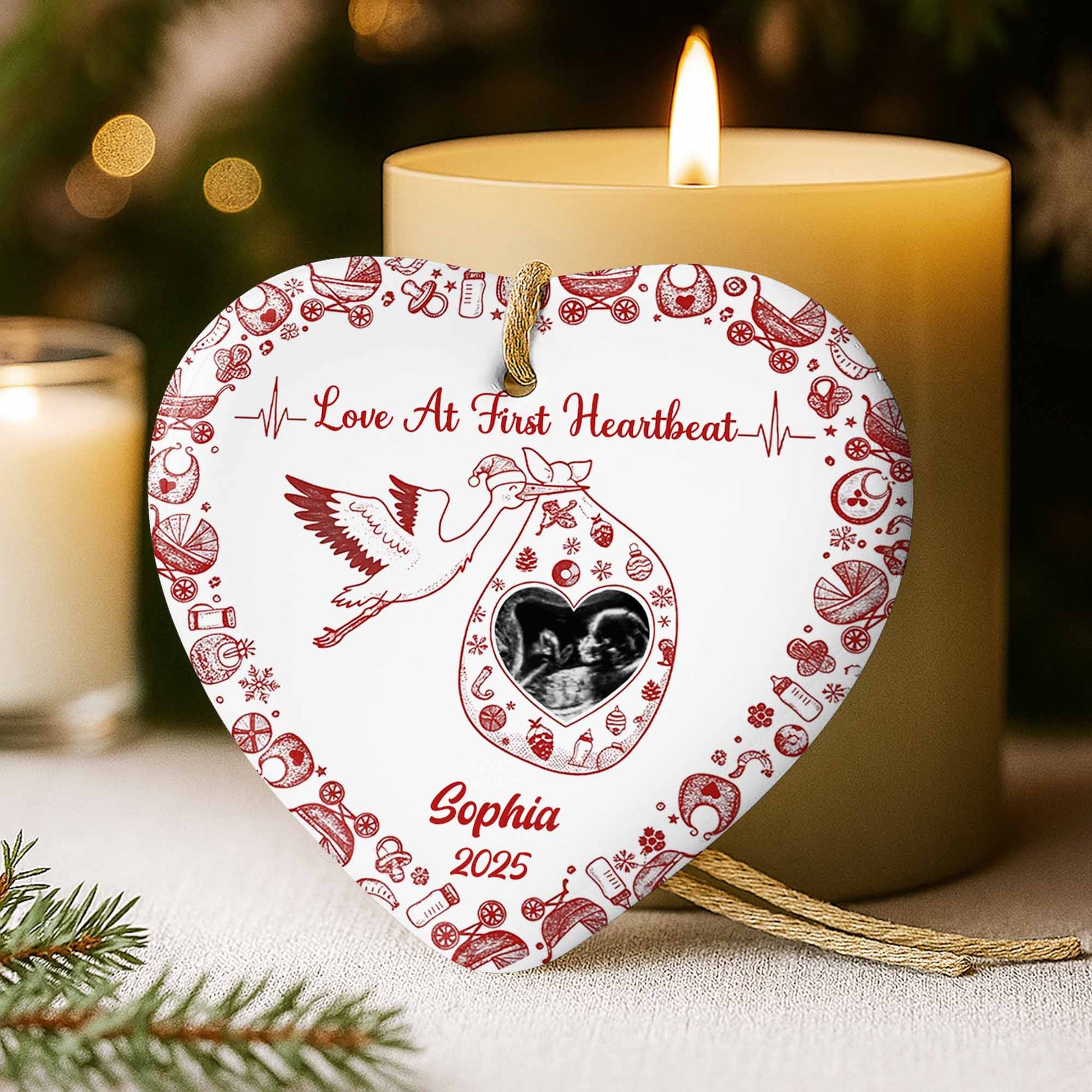 Love At First Heartbeat Stork and Hearts Ornament