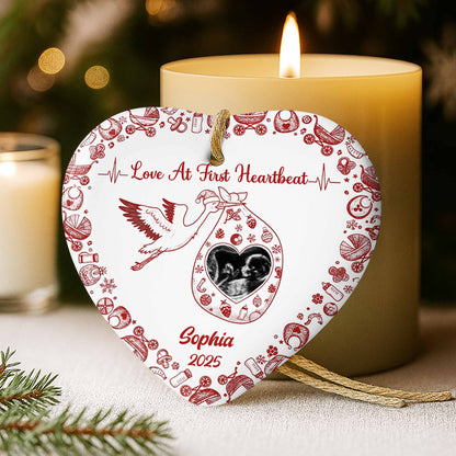 Love At First Heartbeat Stork and Hearts Ornament