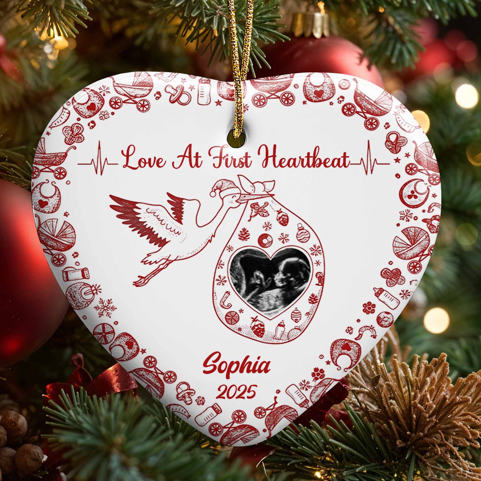 Love At First Heartbeat Stork and Hearts Ornament