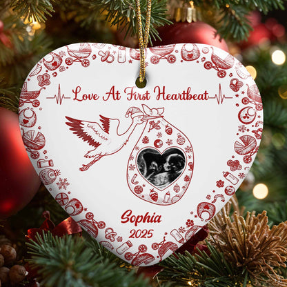 Love At First Heartbeat Stork and Hearts Ornament