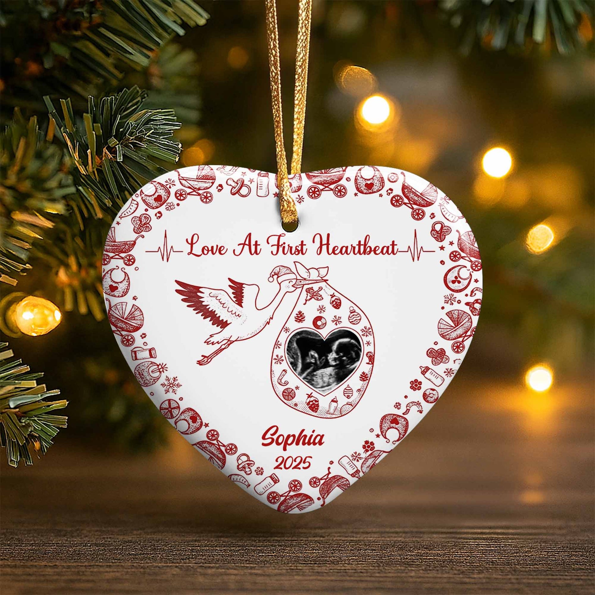 Love At First Heartbeat Stork and Hearts Ornament