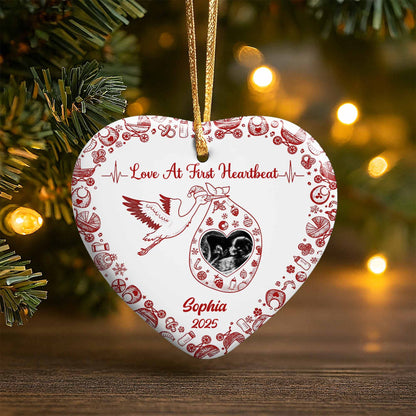 Love At First Heartbeat Stork and Hearts Ornament