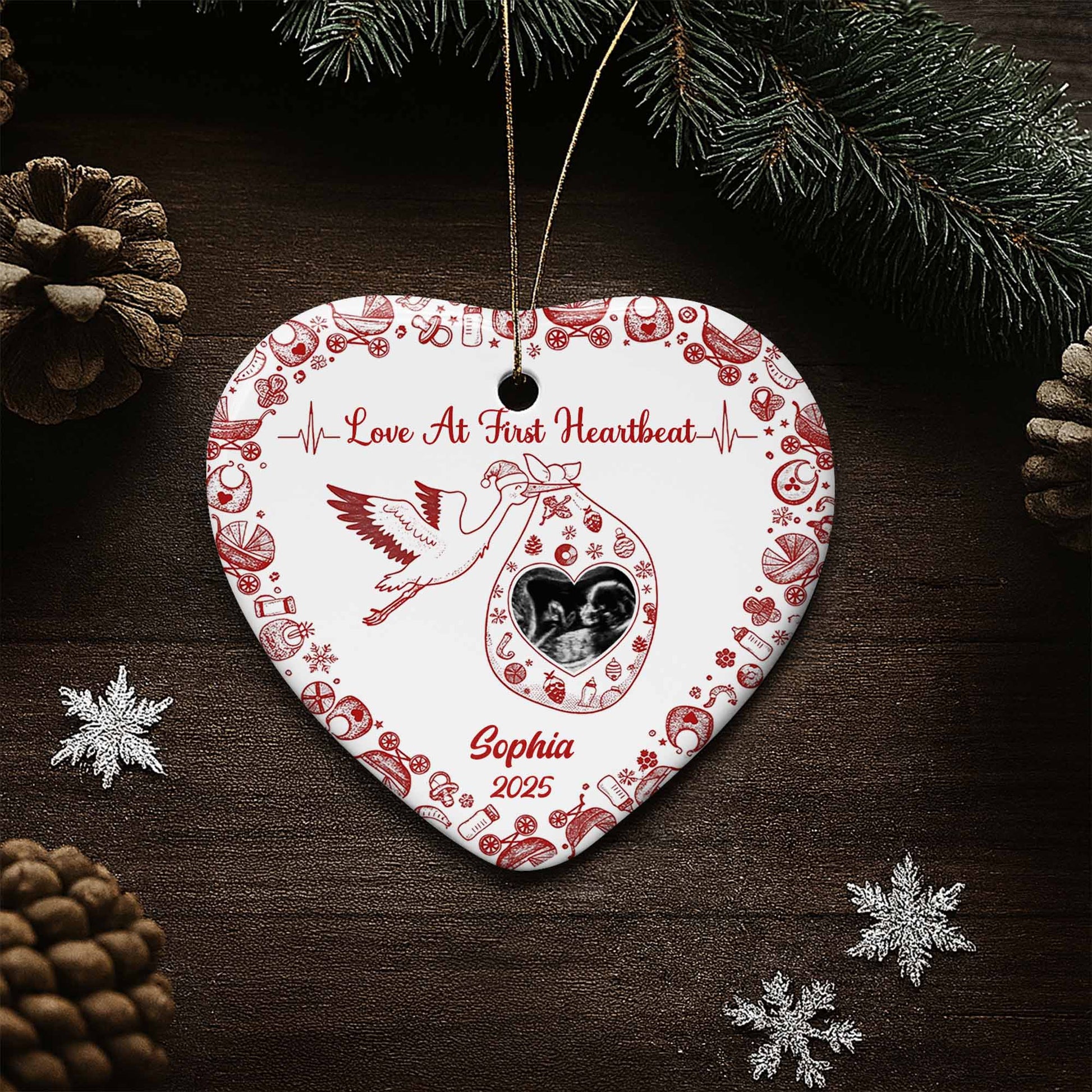 Love At First Heartbeat Stork and Hearts Ornament