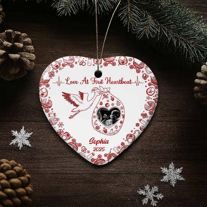 Love At First Heartbeat Stork and Hearts Ornament