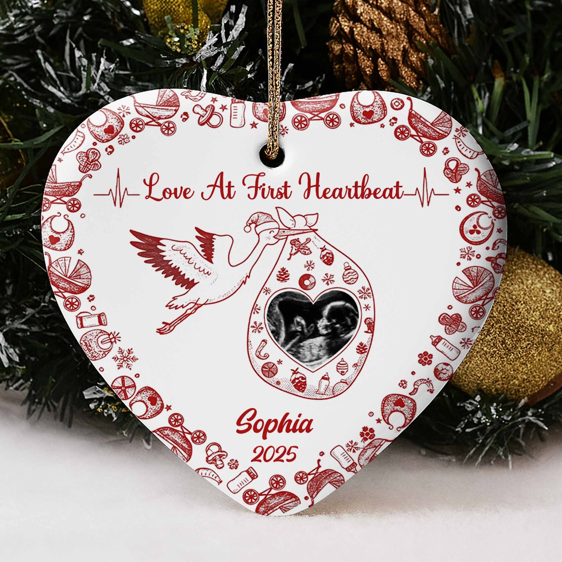 Love At First Heartbeat Stork and Hearts Ornament