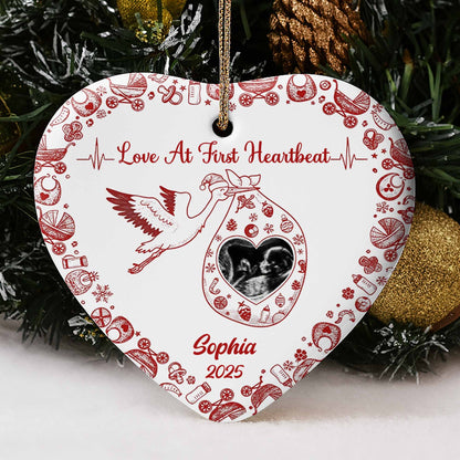 Love At First Heartbeat Stork and Hearts Ornament