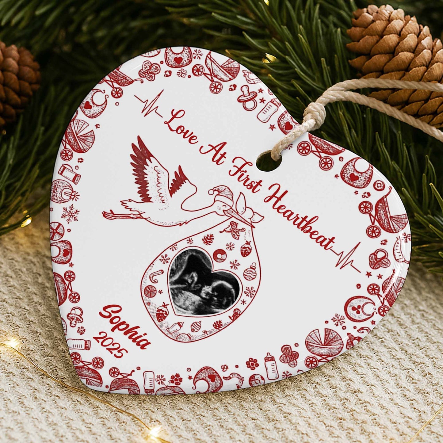 Love At First Heartbeat Stork and Hearts Ornament