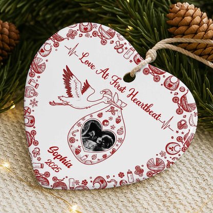 Love At First Heartbeat Stork and Hearts Ornament