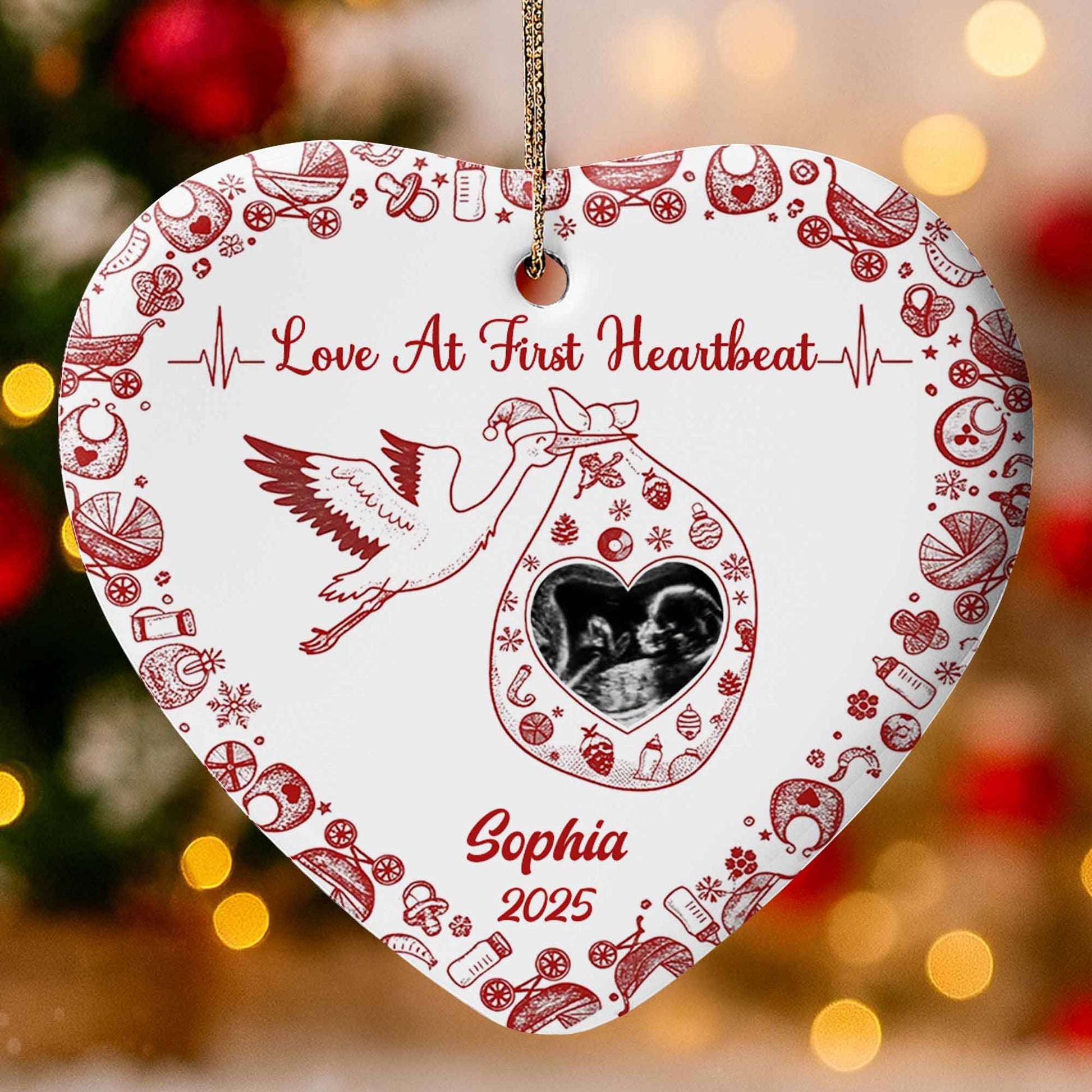 Love At First Heartbeat Stork and Hearts Ornament