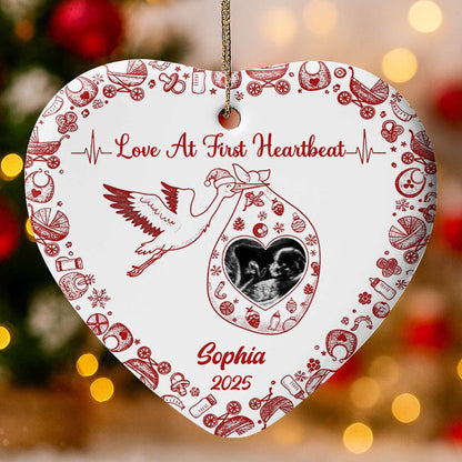 Love At First Heartbeat Stork and Hearts Ornament