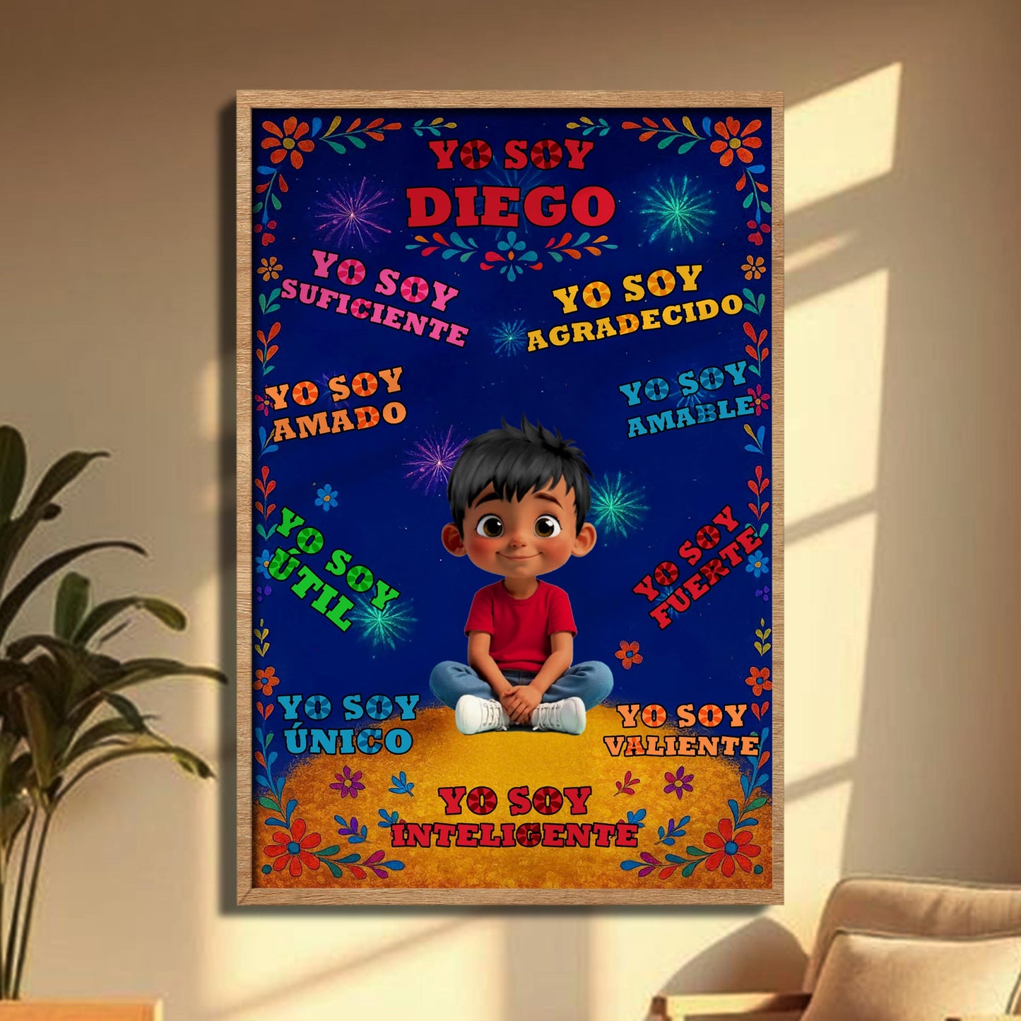 Yo Soy Diego, Floral and Star Patterns Personalized Poster - Personalized Custom Vertical Poster - KID380_VPOS