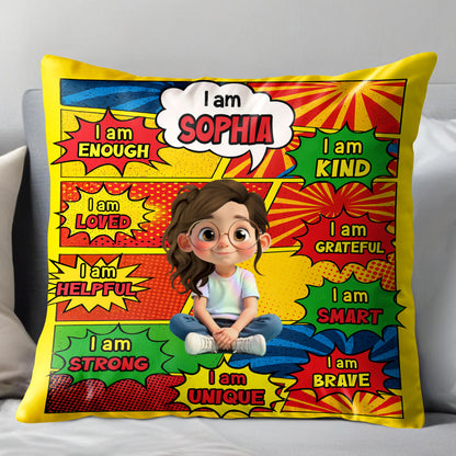I Am Enough, Kind, Loved, Unique, Comic Style Design - Personalized Custom Pillow, Insert Included - KID385_PLW