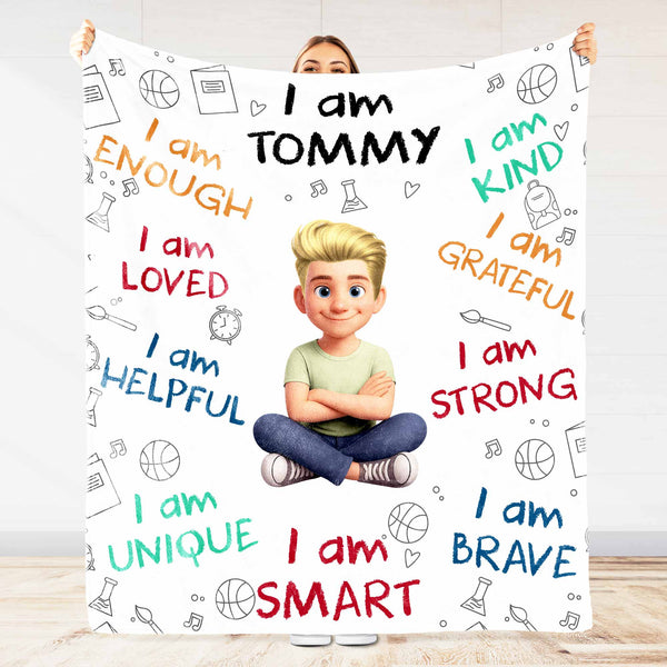 I Am Enough, Loved, Helpful, Unique, Smart, Brave, Strong, Kind, Grateful - Personalized Custom Blanket - KID399_BLK