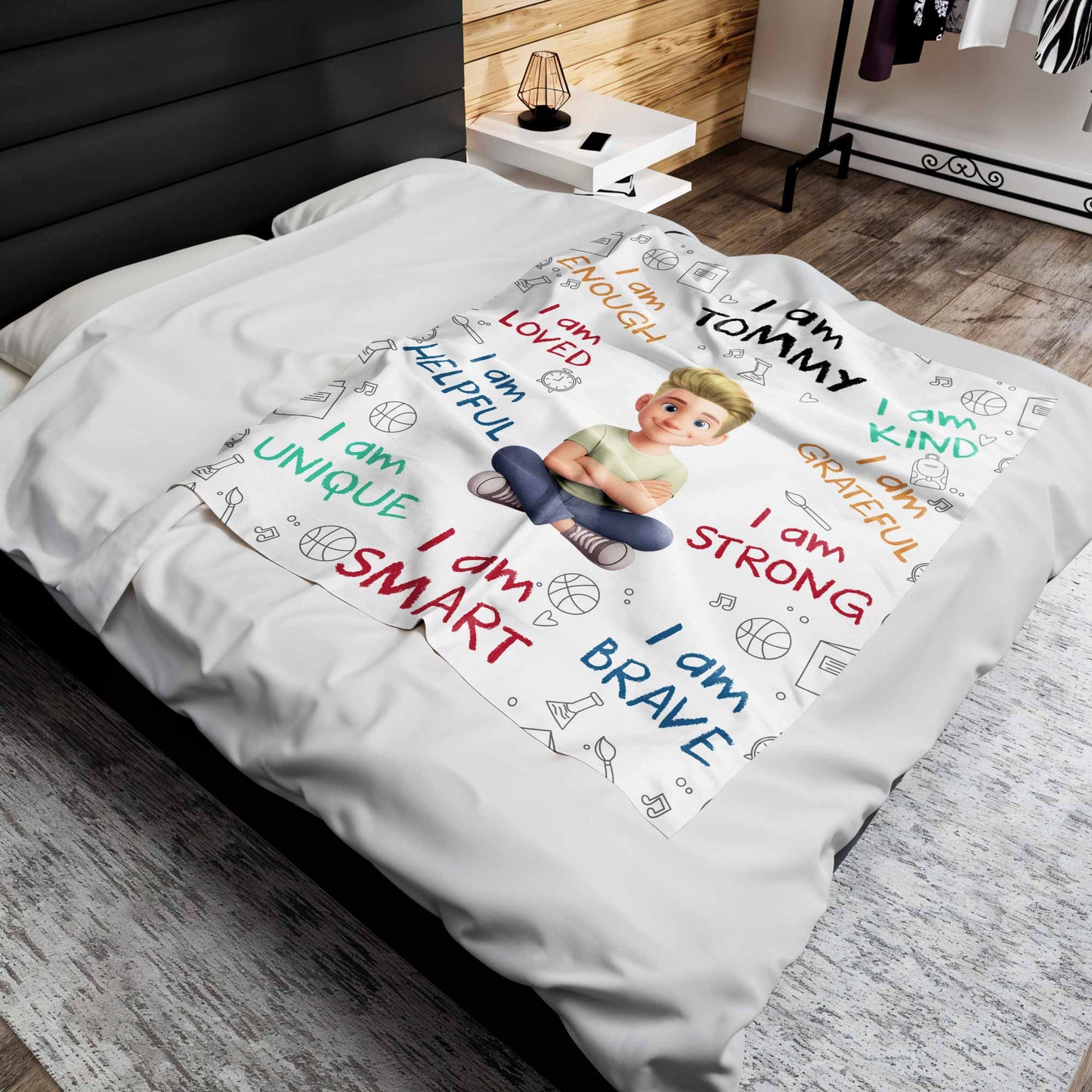 I Am Enough, Loved, Helpful, Unique, Smart, Brave, Strong, Kind, Grateful - Personalized Custom Blanket - KID399_BLK