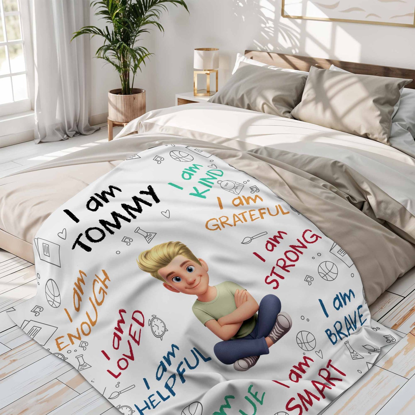 I Am Enough, Loved, Helpful, Unique, Smart, Brave, Strong, Kind, Grateful - Personalized Custom Blanket - KID399_BLK