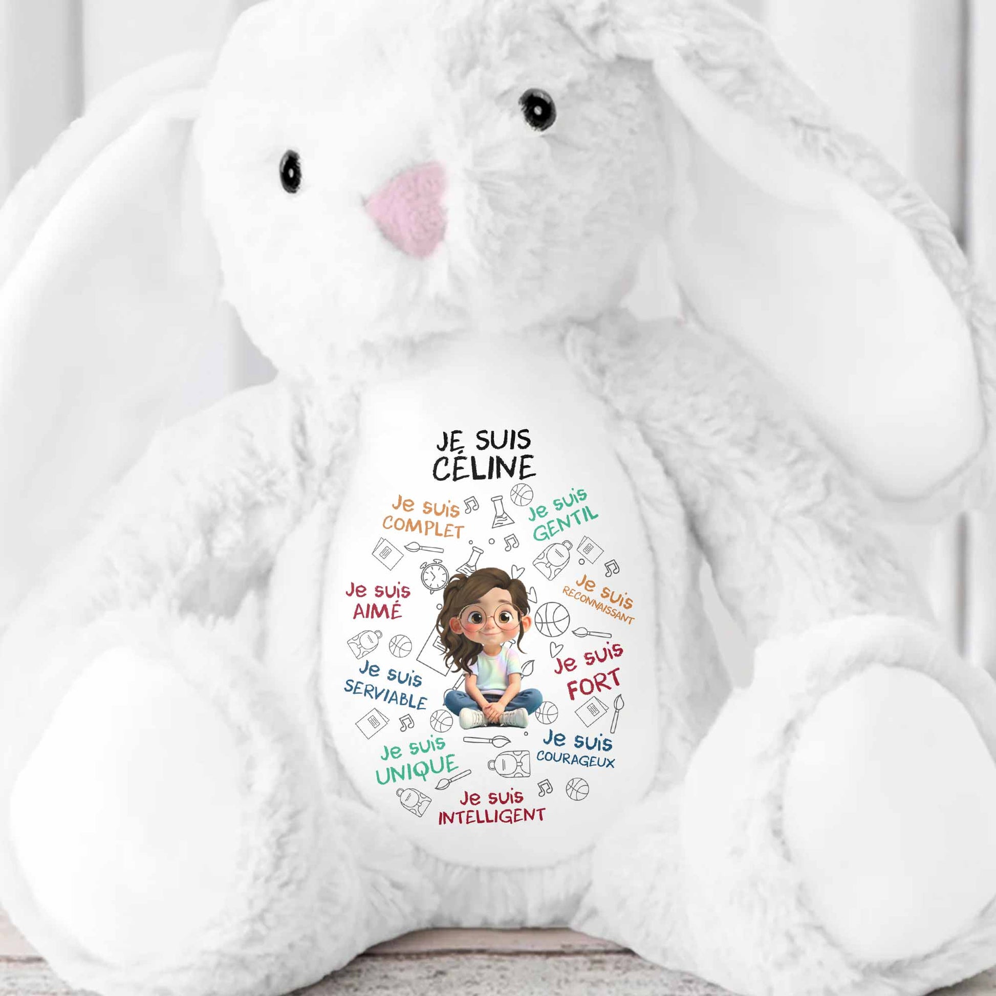 Je Suis Complete, Gentil, Personalized Bunny With Cartoon Girl