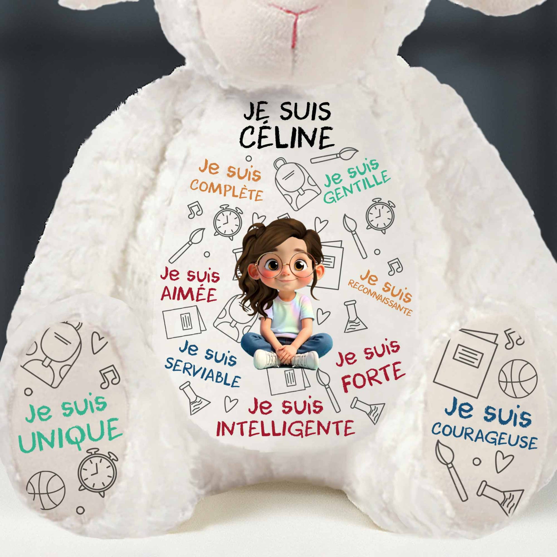 Je Suis Complète, Gentille, Aimée, Sheep Doll With Books And Globe