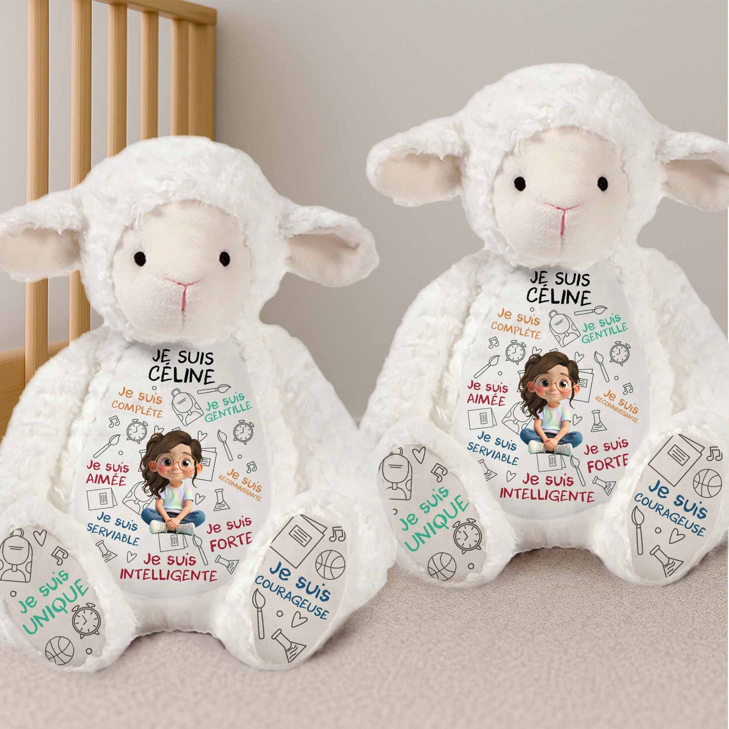 Je Suis Complète, Gentille, Aimée, Sheep Doll With Books And Globe