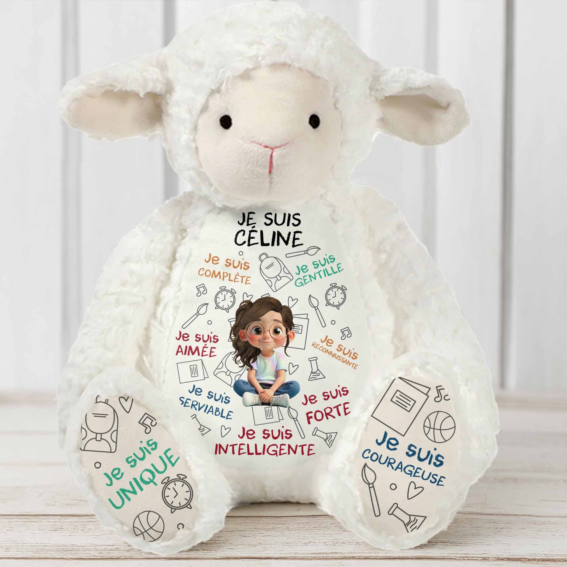 Je Suis Complète, Gentille, Aimée, Sheep Doll With Books And Globe