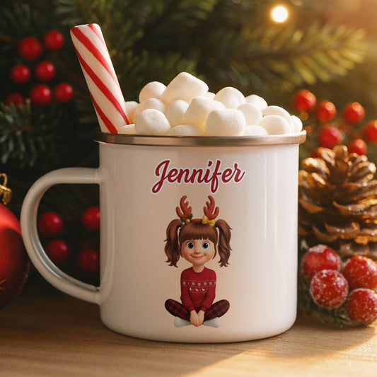Customized Christmas Holiday Cartoon Girl With Reindeer Antlers - Personalized Custom Enamel Mug - KID404_EMUG