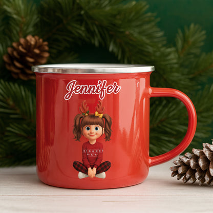 Customized Christmas Holiday Cartoon Girl With Reindeer Antlers - Personalized Custom Enamel Mug - KID404_EMUG