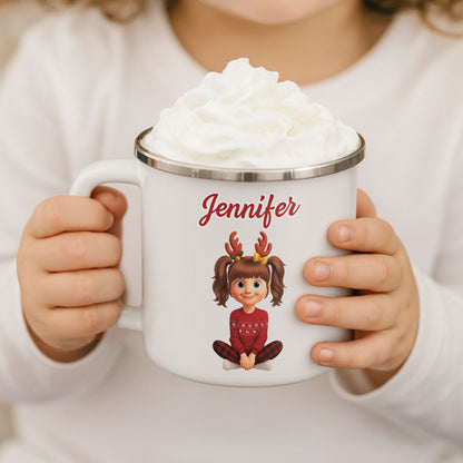 Customized Christmas Holiday Cartoon Girl With Reindeer Antlers - Personalized Custom Enamel Mug - KID404_EMUG