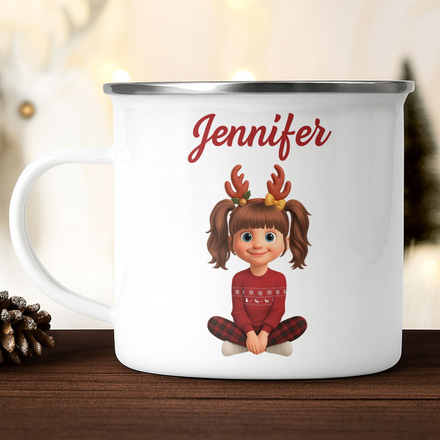 Customized Christmas Holiday Cartoon Girl With Reindeer Antlers - Personalized Custom Enamel Mug - KID404_EMUG