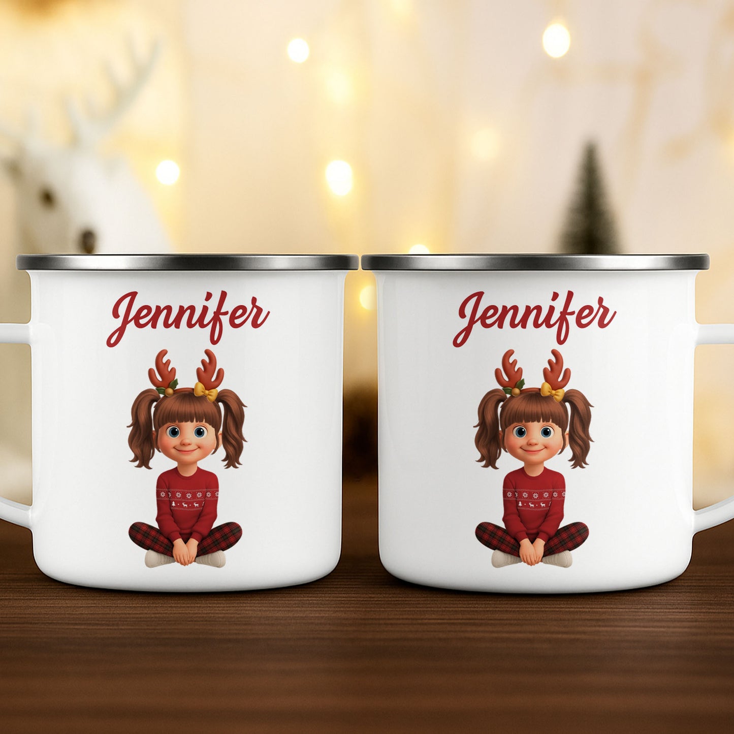 Customized Christmas Holiday Cartoon Girl With Reindeer Antlers - Personalized Custom Enamel Mug - KID404_EMUG