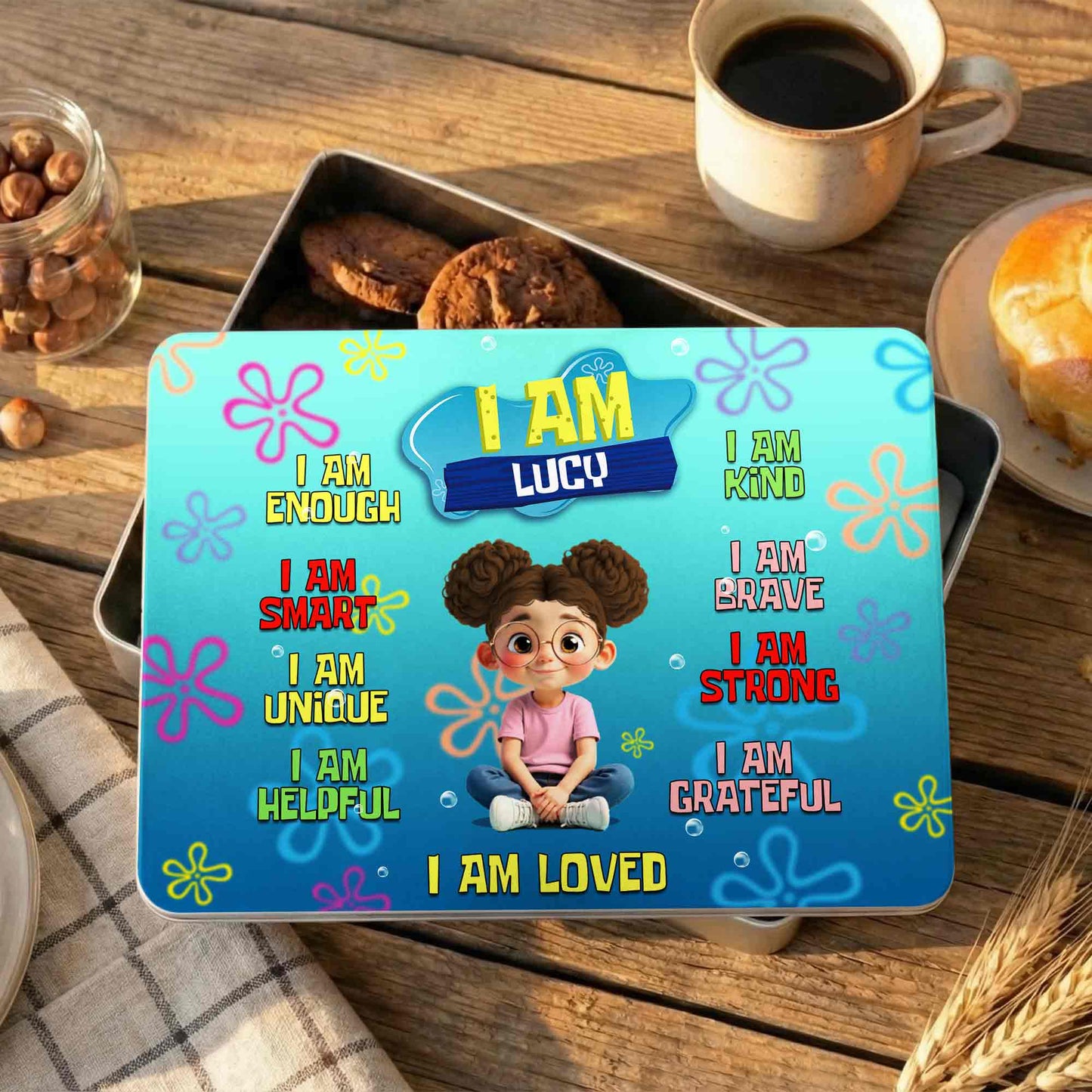 I Am Enough Affirmations With Cartoon Girl and Colorful Flowers