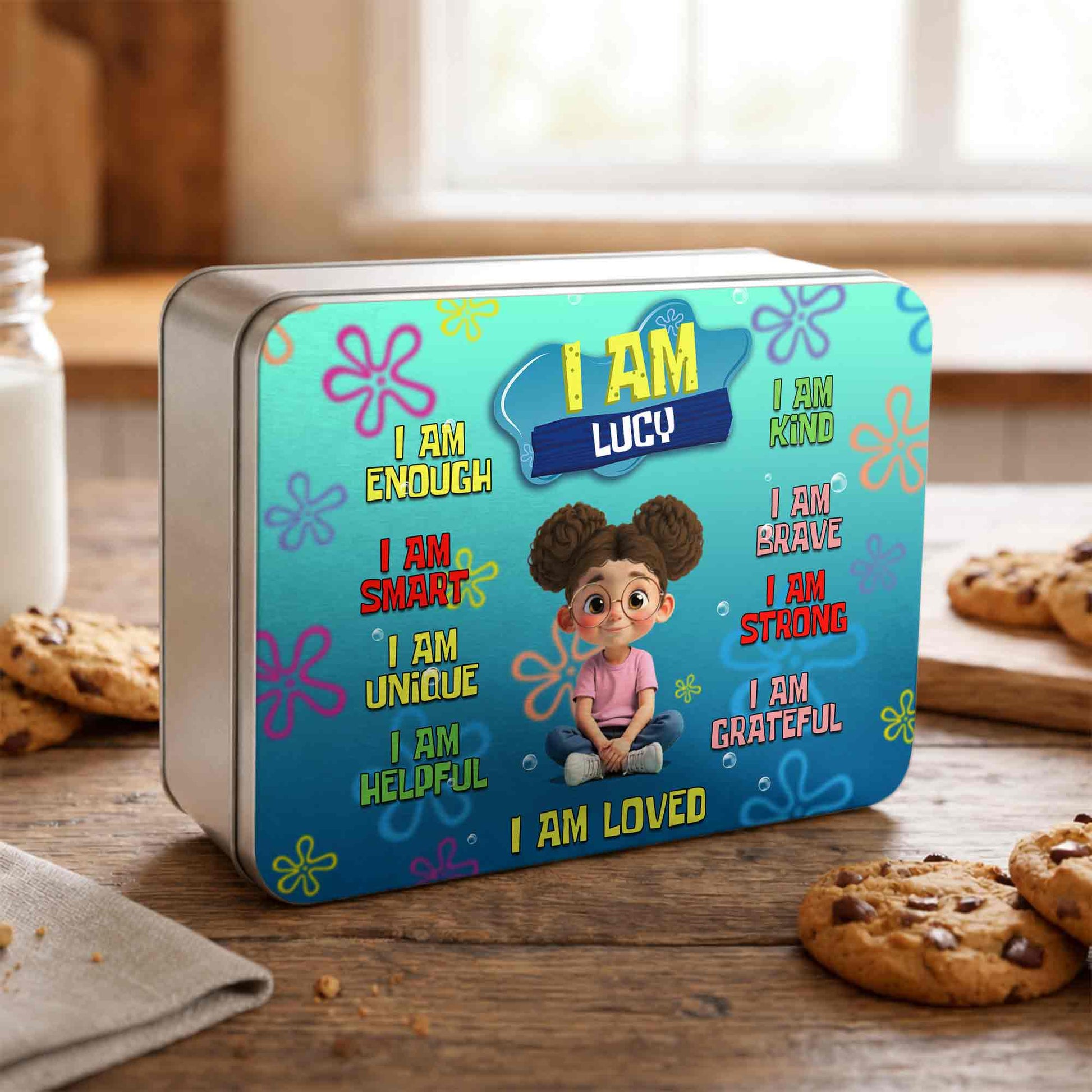 I Am Enough Affirmations With Cartoon Girl and Colorful Flowers