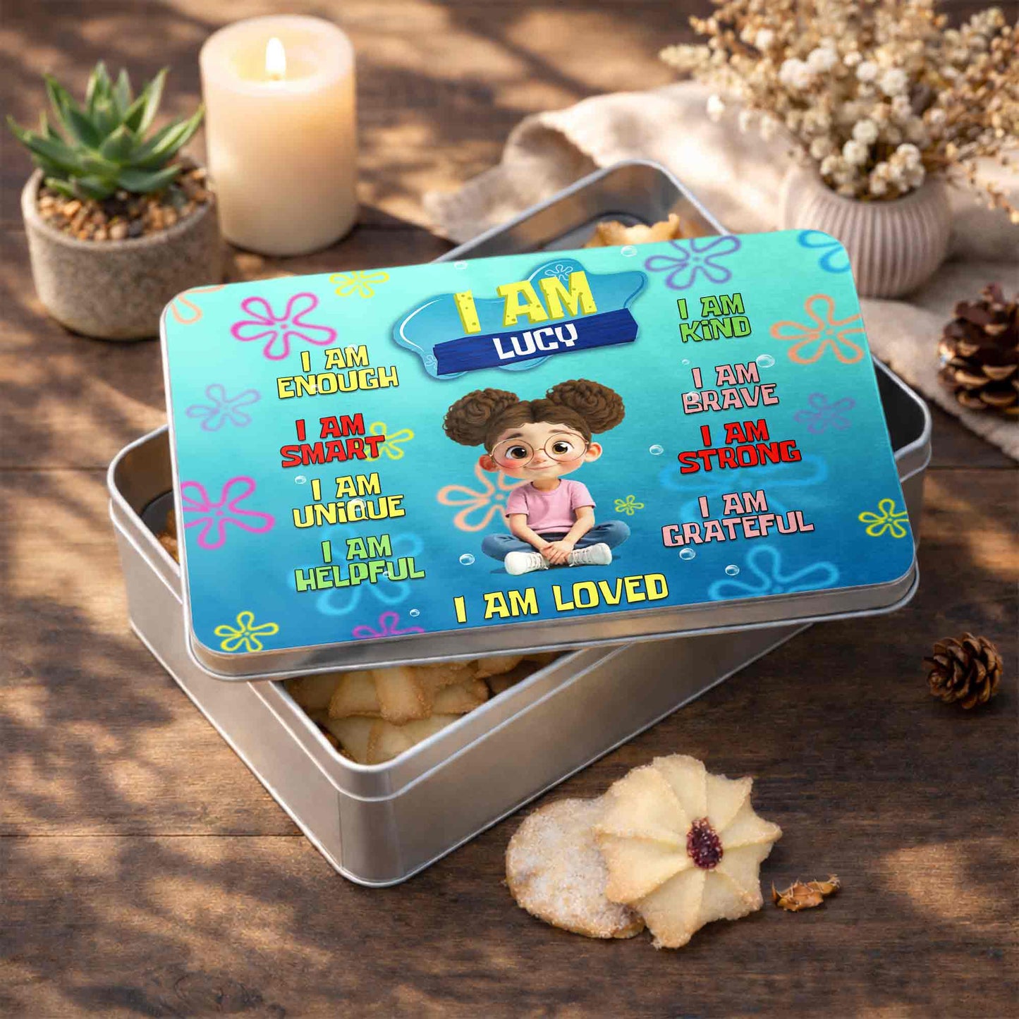 I Am Enough Affirmations With Cartoon Girl and Colorful Flowers