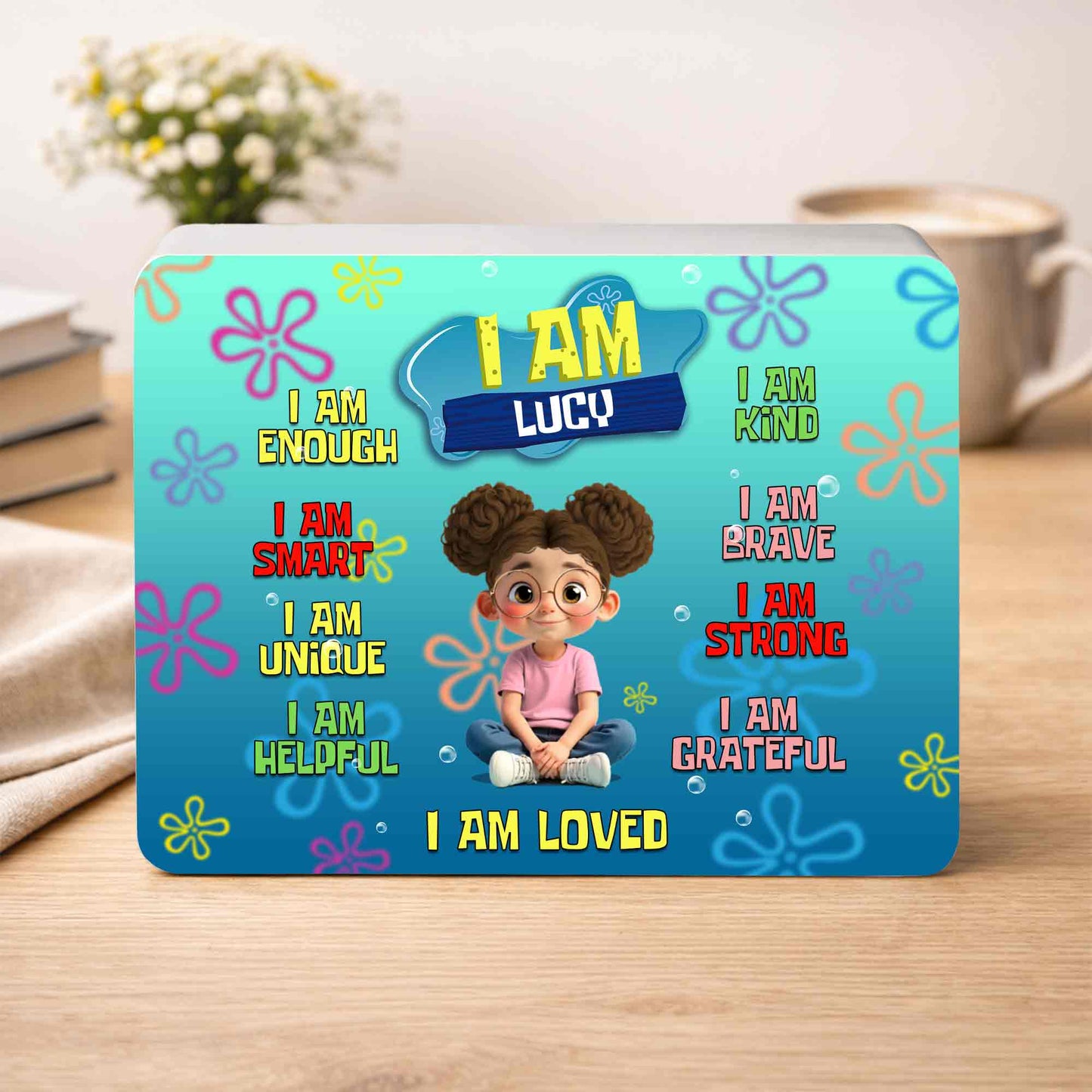 I Am Enough Affirmations With Cartoon Girl and Colorful Flowers