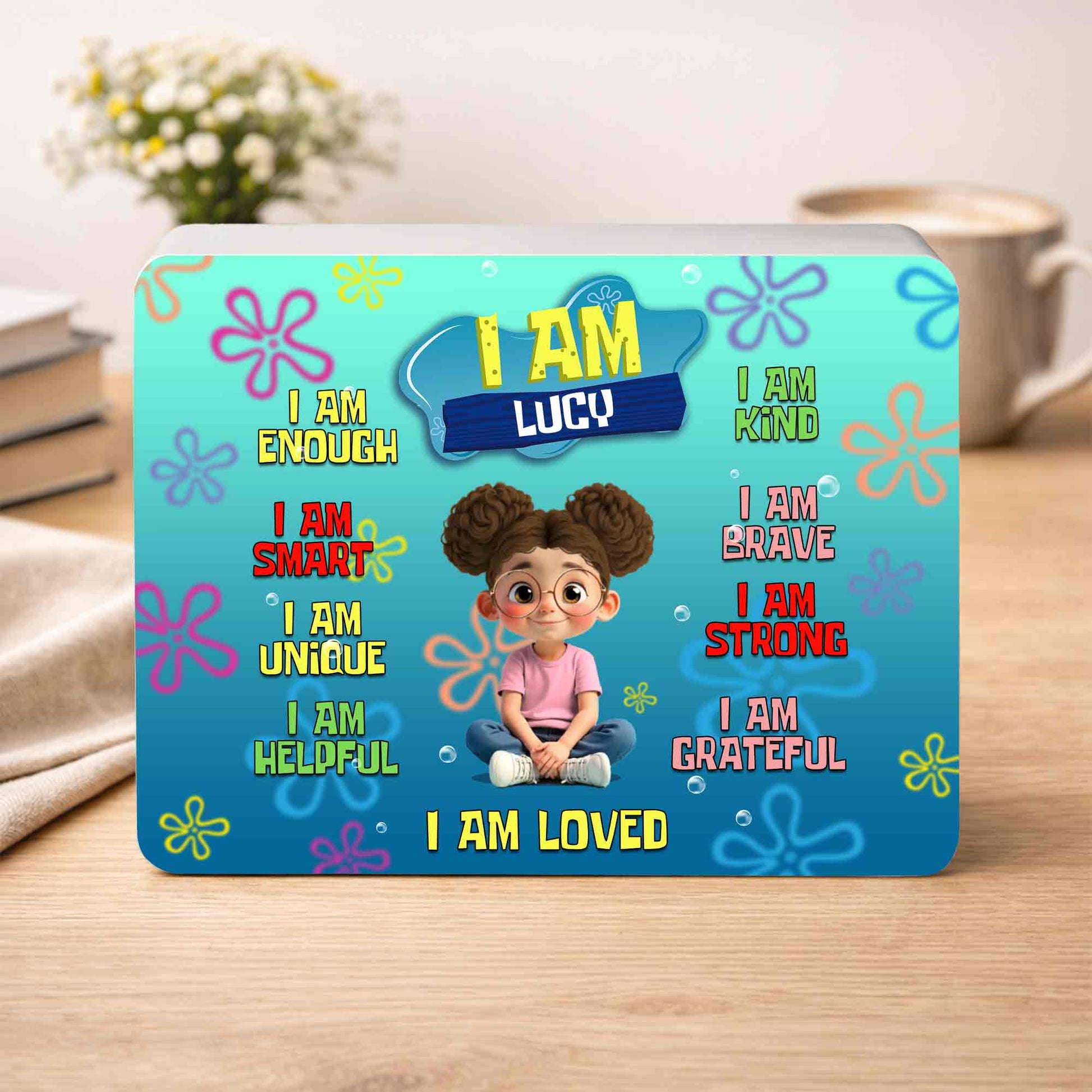 I Am Enough Affirmations With Cartoon Girl and Colorful Flowers