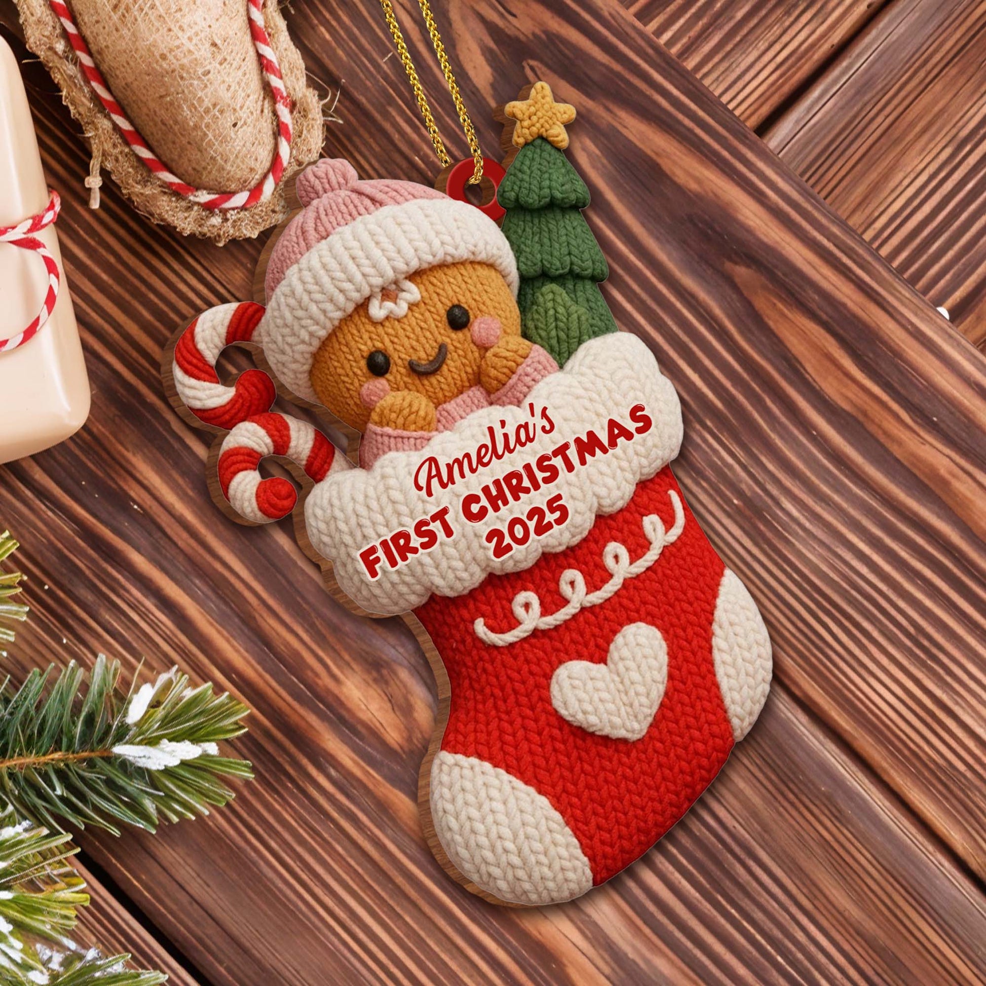 First Christmas Stocking With Gingerbread And Candy Cane