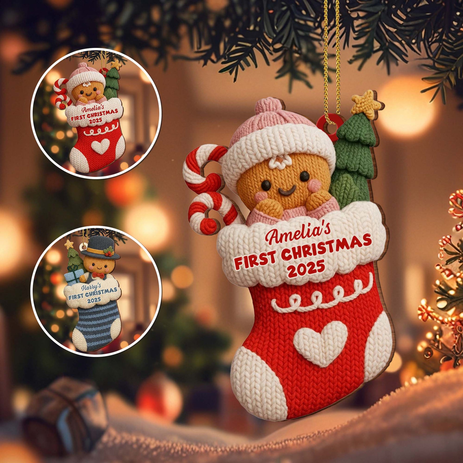 First Christmas Stocking With Gingerbread And Candy Cane