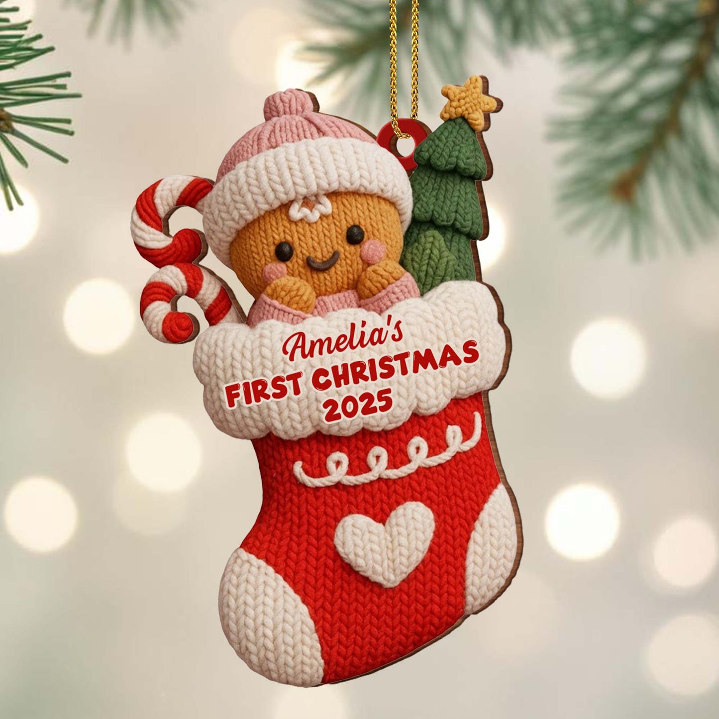 First Christmas Stocking With Gingerbread And Candy Cane