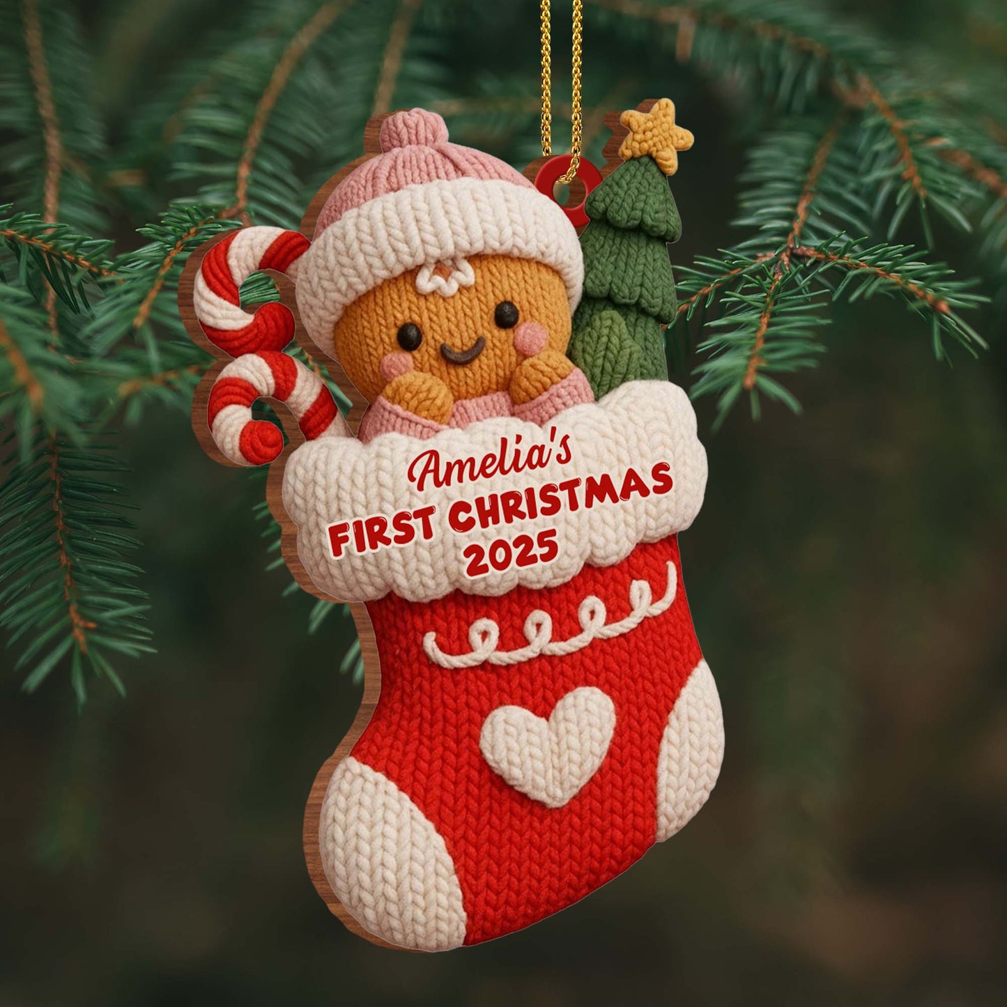 First Christmas Stocking With Gingerbread And Candy Cane