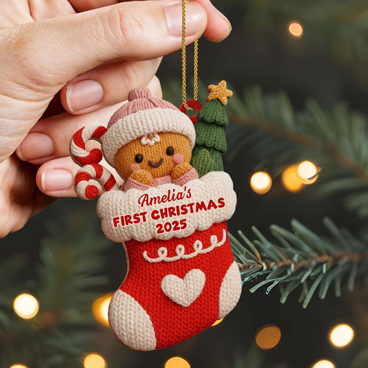 First Christmas Stocking With Gingerbread And Candy Cane