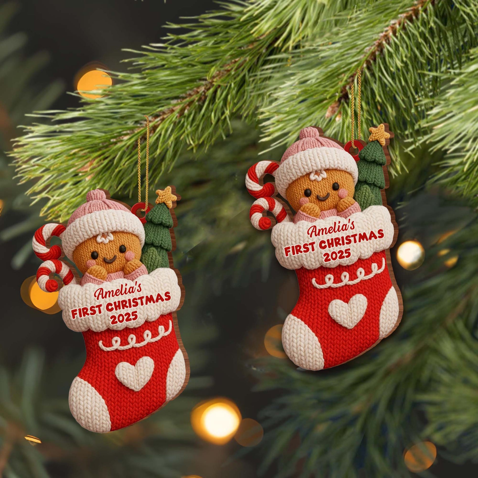 First Christmas Stocking With Gingerbread And Candy Cane