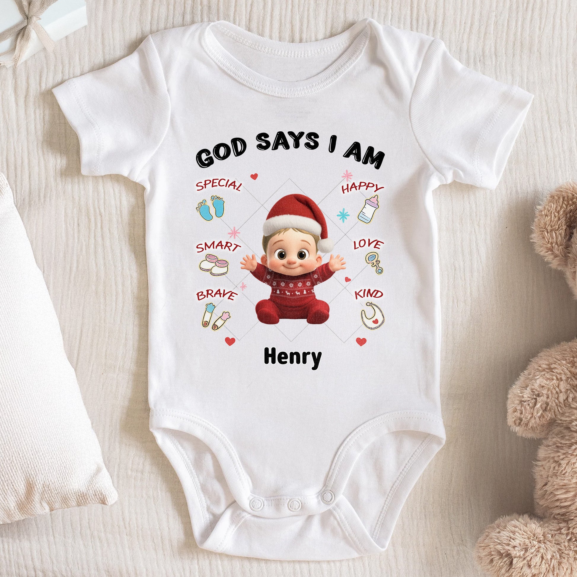 God Says I Am Special, Smart, Brave, Kind, Baby Onesie With Santa