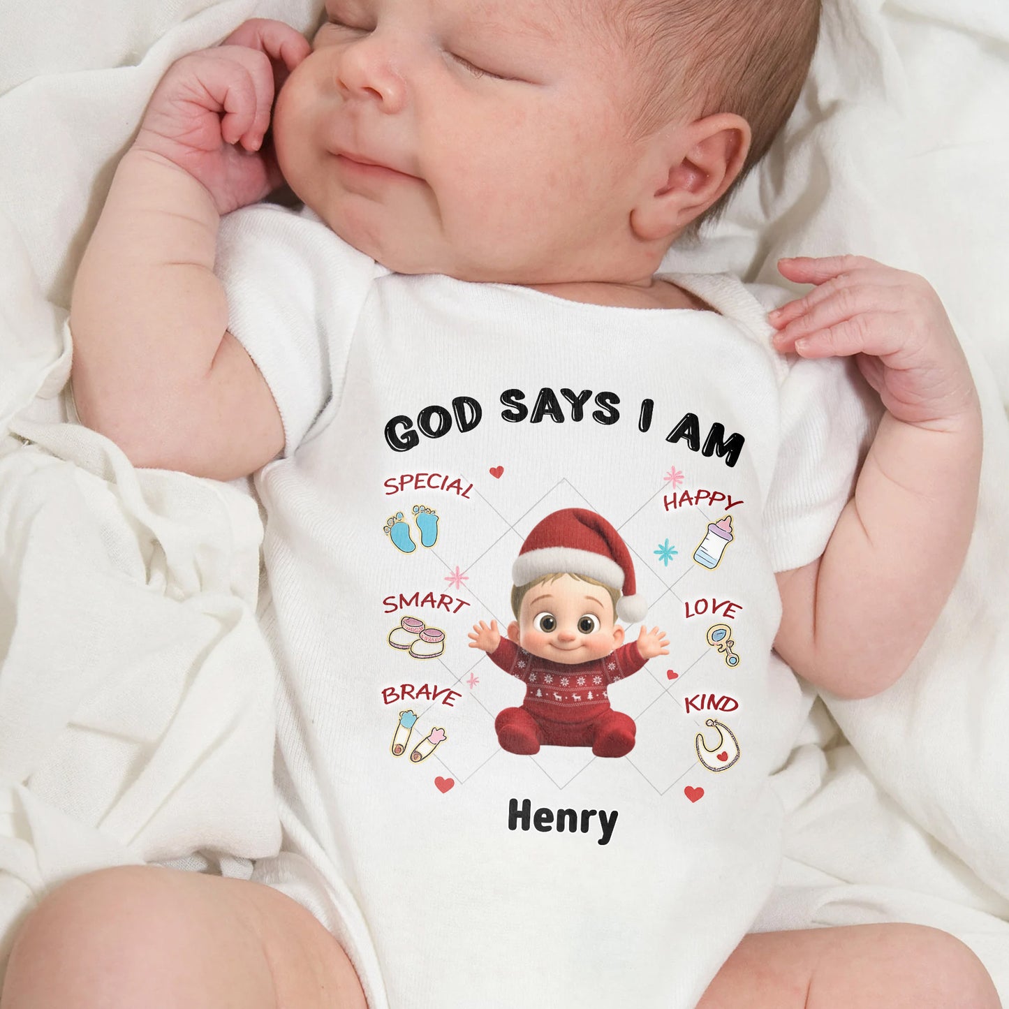 God Says I Am Special, Smart, Brave, Kind, Baby Onesie With Santa