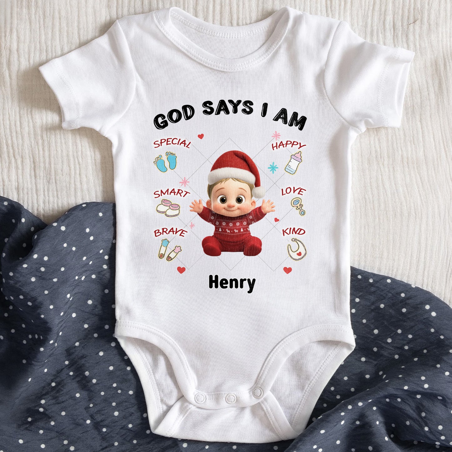 God Says I Am Special, Smart, Brave, Kind, Baby Onesie With Santa