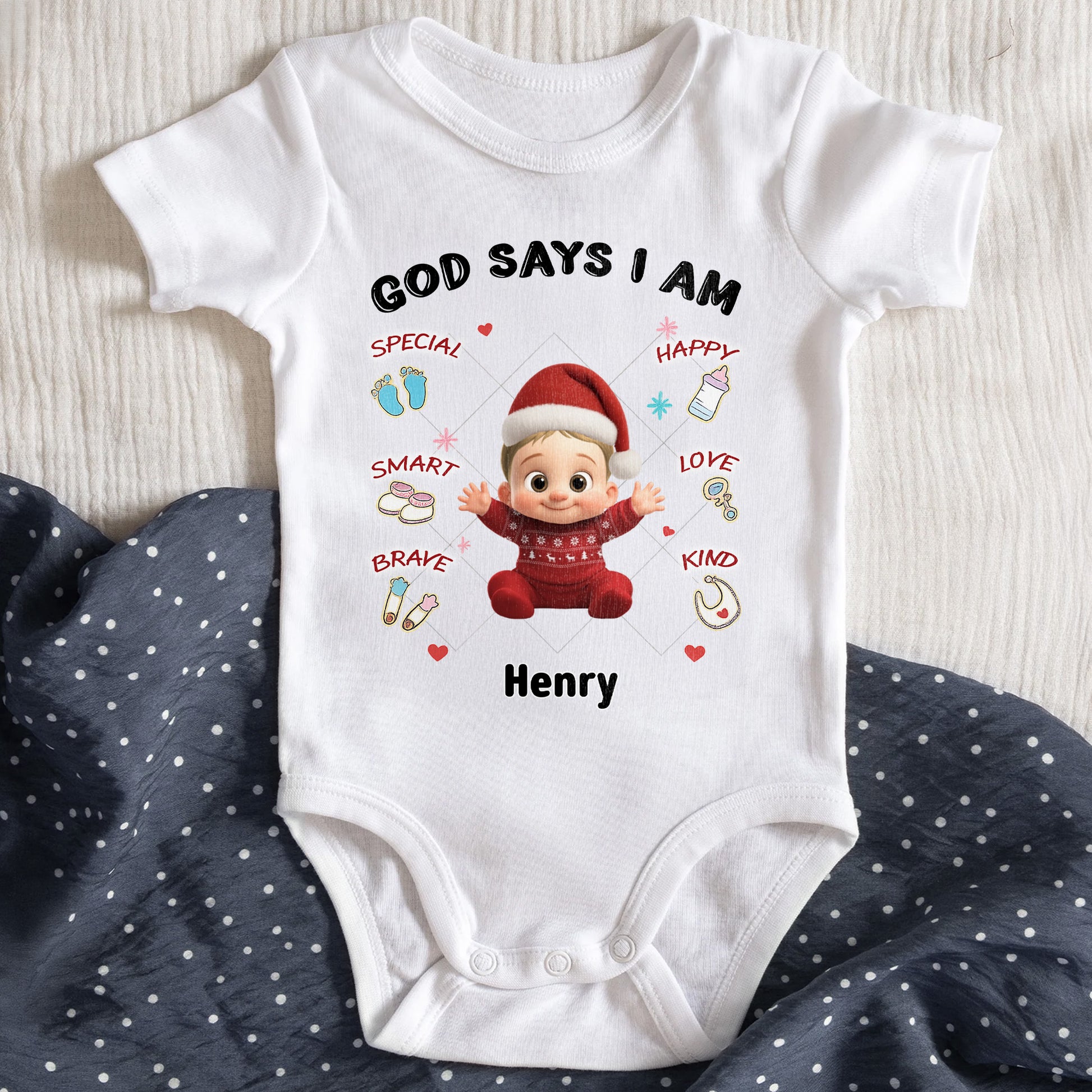 God Says I Am Special, Smart, Brave, Kind, Baby Onesie With Santa