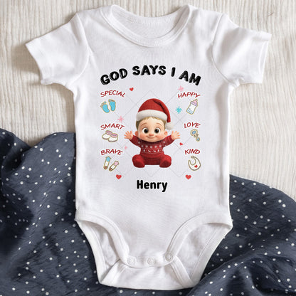 God Says I Am Special, Smart, Brave, Kind, Baby Onesie With Santa