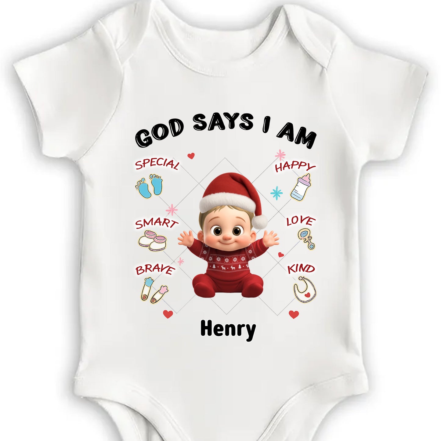 God Says I Am Special, Smart, Brave, Kind, Baby Onesie With Santa