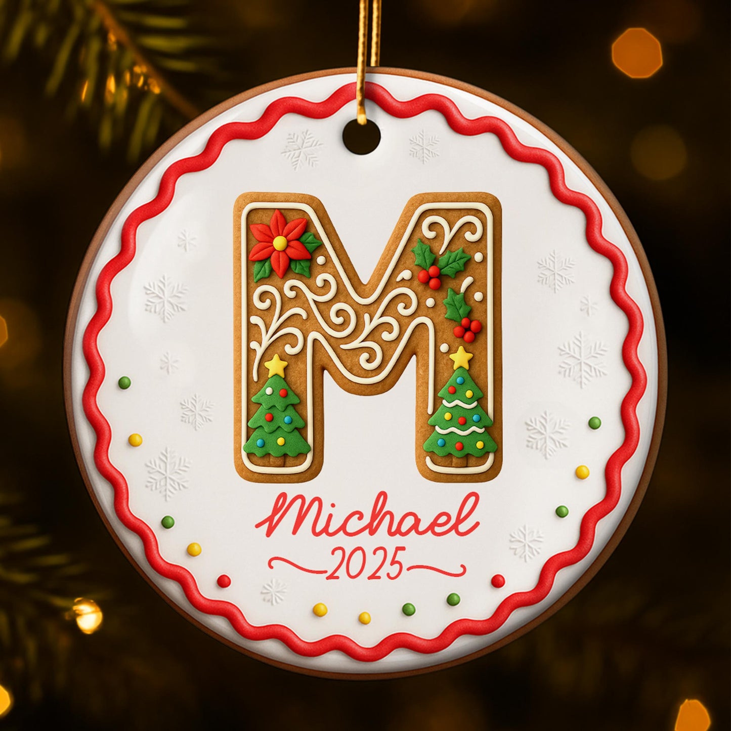 Personalized Initial Ornament With Christmas Tree And Snowflakes